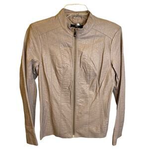Dennis Basso Croc Embossed Faux Leather Motorcycle Jacket Taupe Size XS